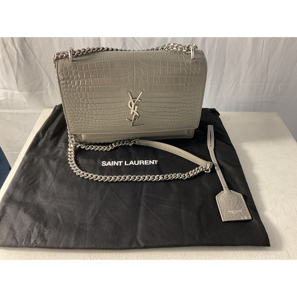 Saint Laurent 'Sunset' Grey Leather Croc-Embossed Shoulder Bag - Picture 2 of 6
